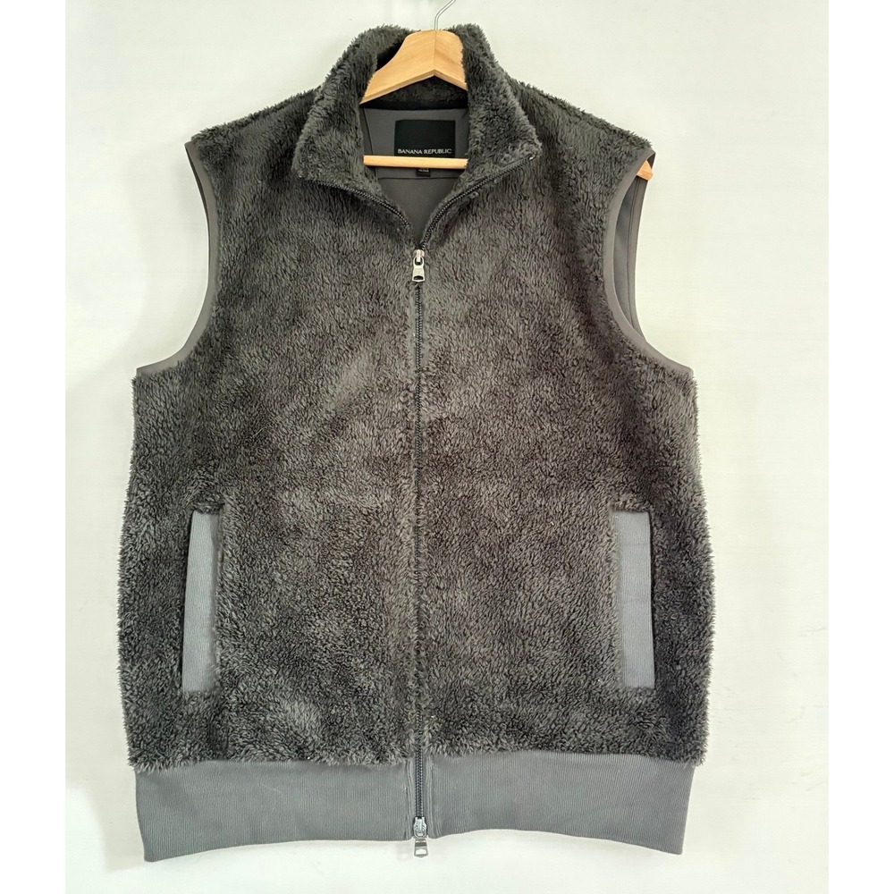 Banana Republic Gray Sherpa Fleece Full Zip Vest‎ Mock Neck Charcoal Medium